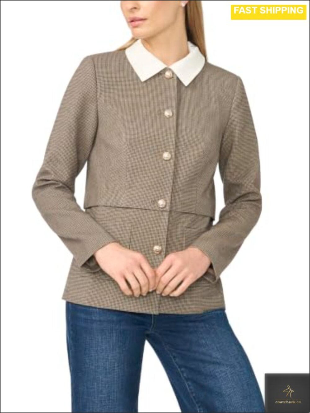 Houndstooth Button Jacket with Removable Collar and Patch Pockets